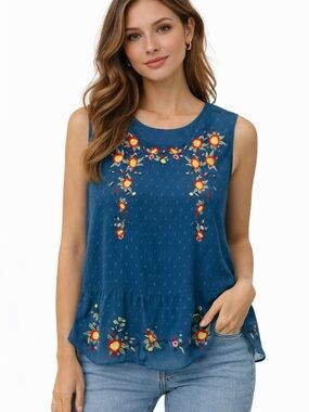 Rebellion Blue Embroidered Peplum Sleeveless Top Floral Boho Size Small